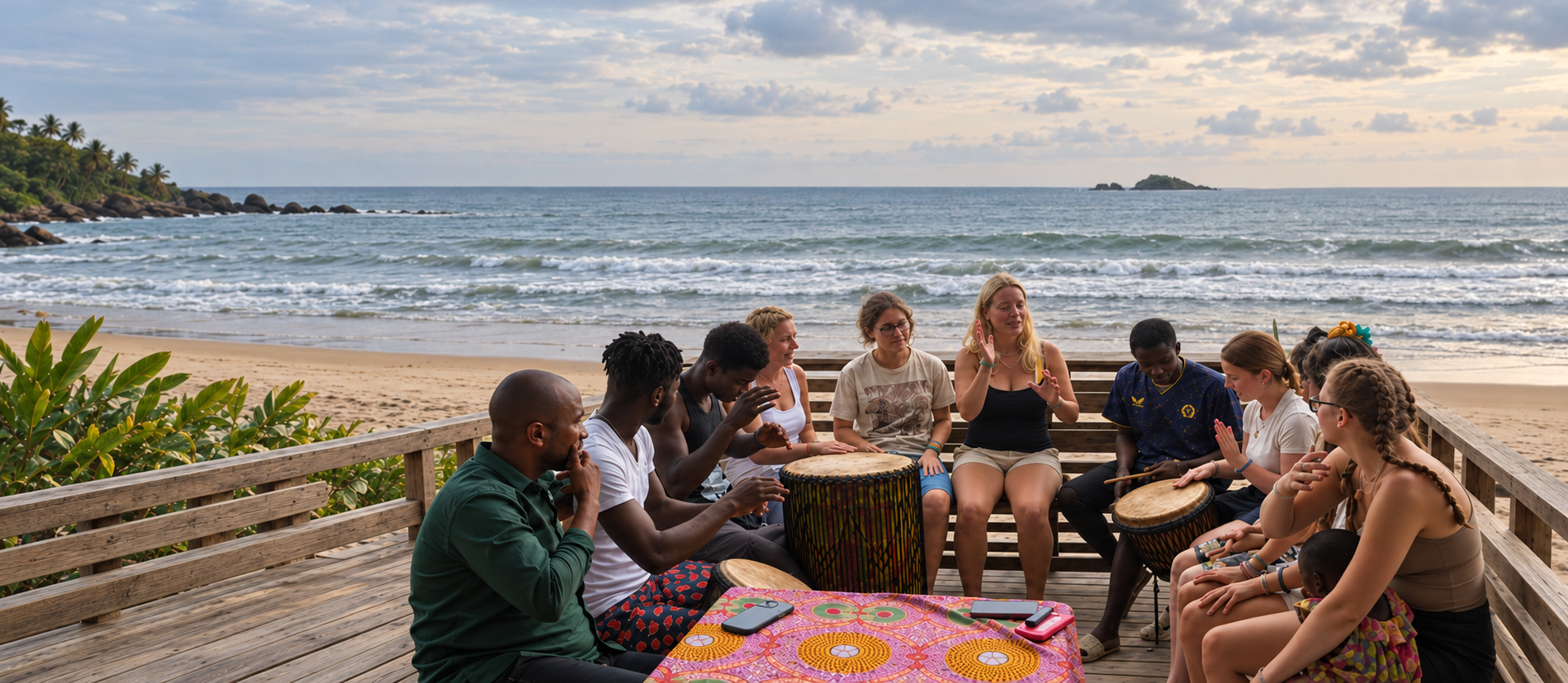 Gemeinsames Trommeln auf einer Terrasse am Strand von Busua bei natürlichem Küstenlicht